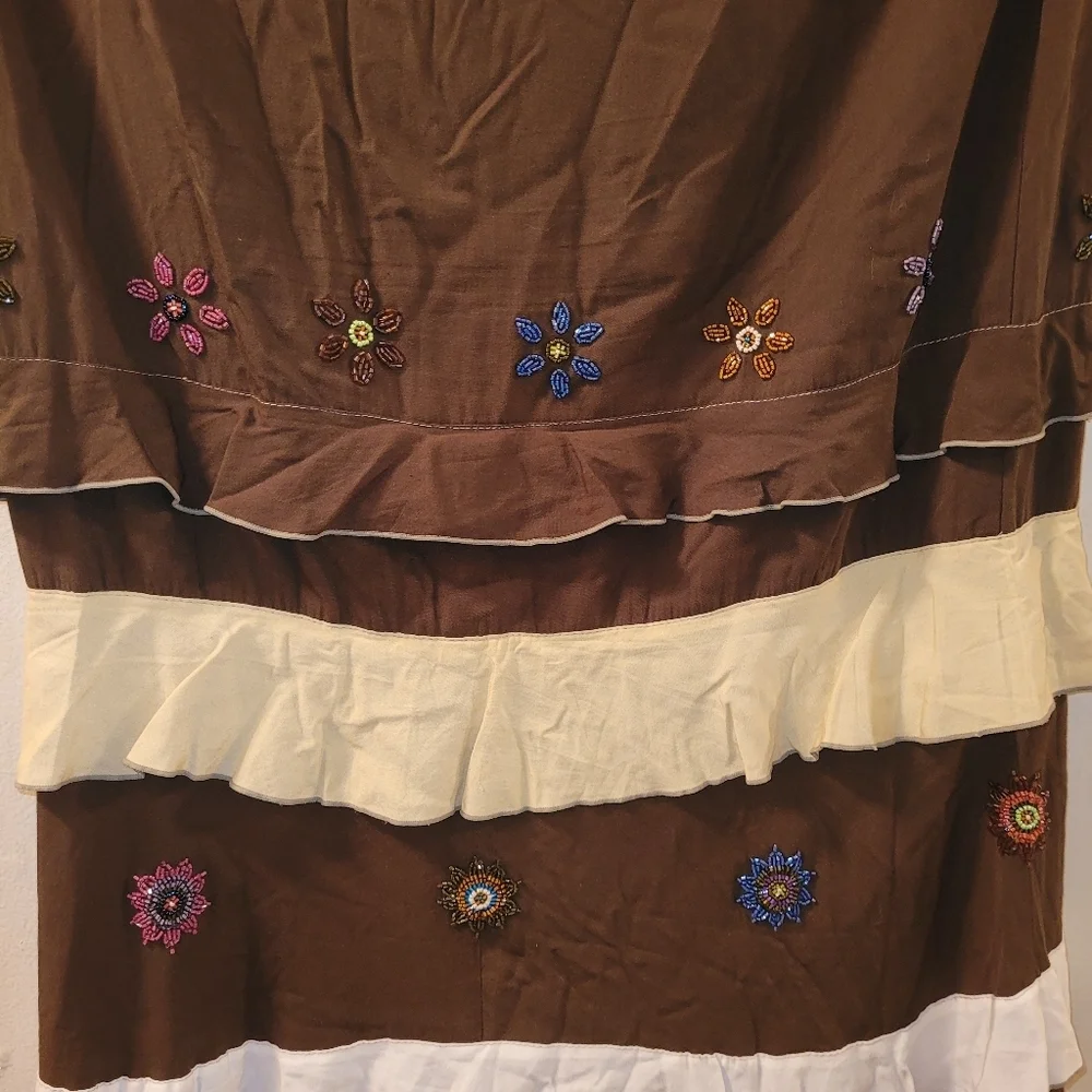 Cordelia Tiered Boho Flower Beaded Brown And Tan Maxi Skirt Size S Cottage core - Picture 4 of 8